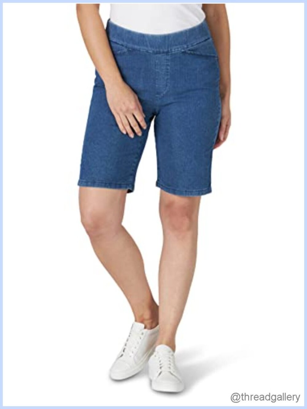 Stretch Denim Relaxed Fit Bermuda Shorts Flat Elastic Waist 10" Inseam